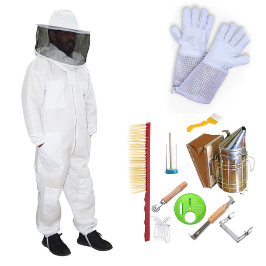 Beekeeping Starter Kit For Beekeepers With OZ Bee 2 Layer Mesh Ventilated Round Head Suit Protective Gear-0