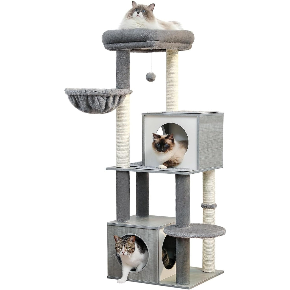 130CM Large Cat Tree Wooden Tower Indoor with Double Condos Spacious Perch Soft Hammock